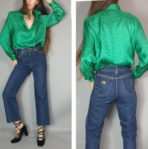 Vintage 80s 90s Emerald Green 💚 Blouse Festive Holiday s m - Picture 7 of 7
